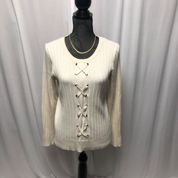 Emaline Sweater Womens Size Petite Large Long Sleeve Laced Front Ribbed Pullover - Picture 1 of 7
